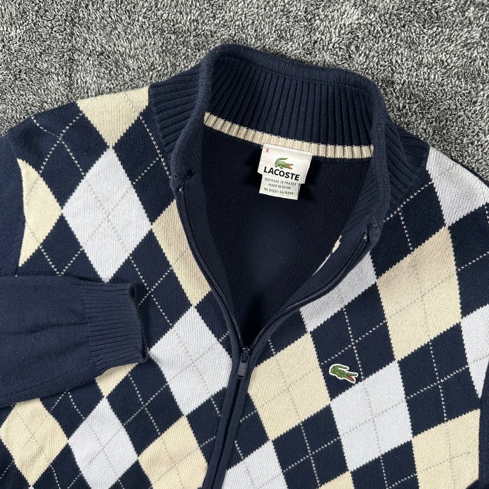 Lacoste Cardigan Mens 4 Argyle Navy Blue Full Zip Mock Neck Sweater Preppy